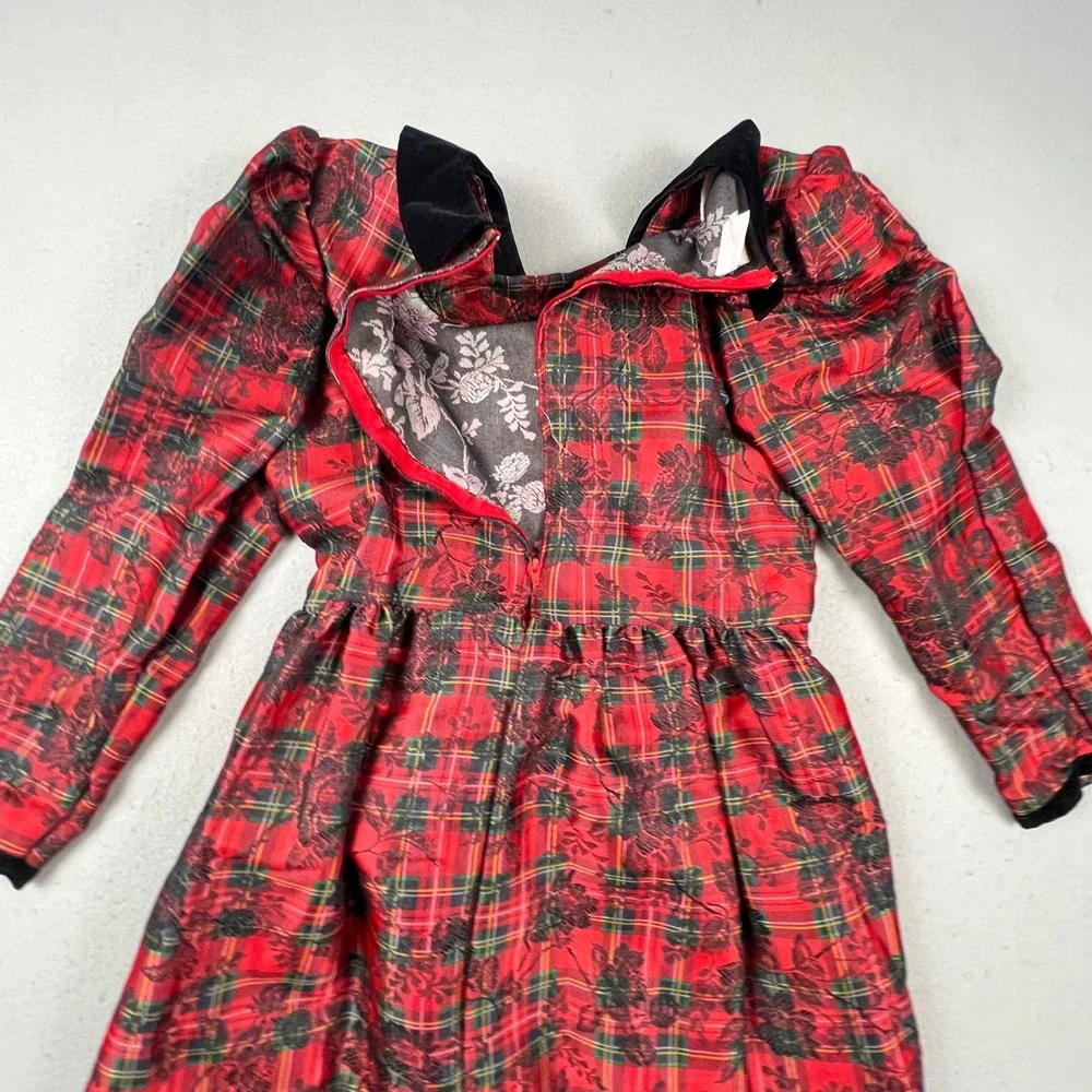 Polly Flinders Plaid Dress Girls 14 Red Velvet Lace Holiday Christmas Vintage